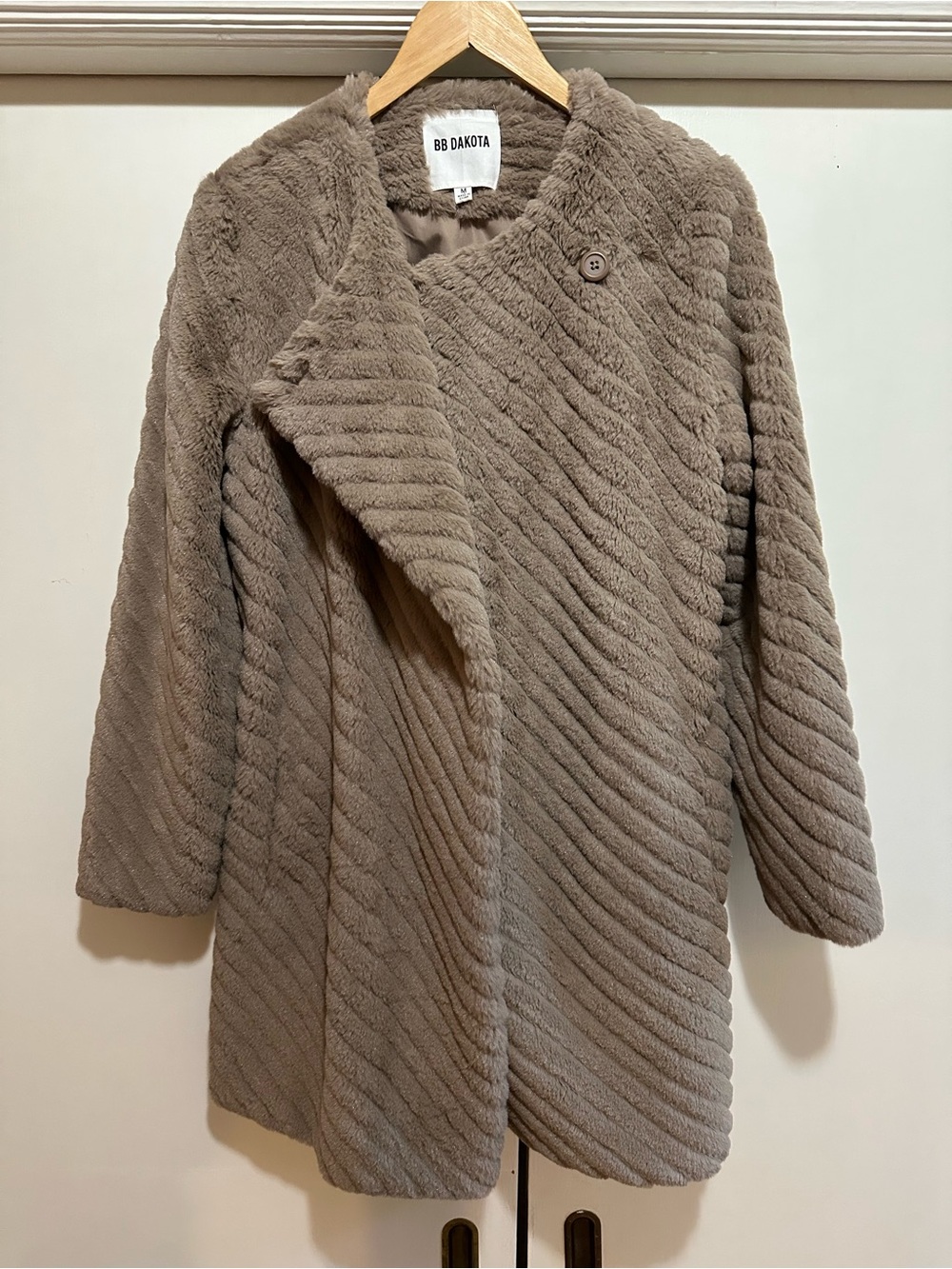 BB Dakota Hidden Button Taupe Faux Fur Cozy Coat, 33” long